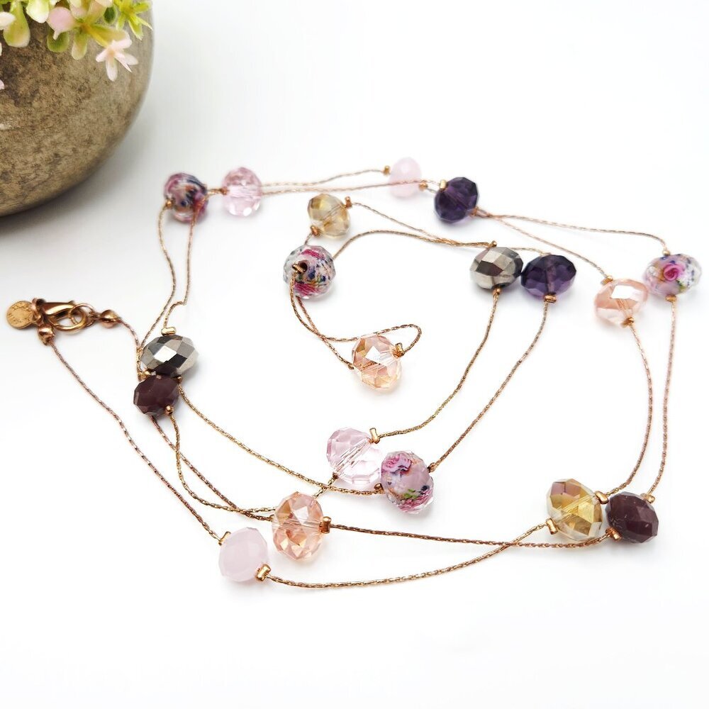 Ali-Khan New York Purple Pink Floral Glass Art Faceted Beads Long Necklace
